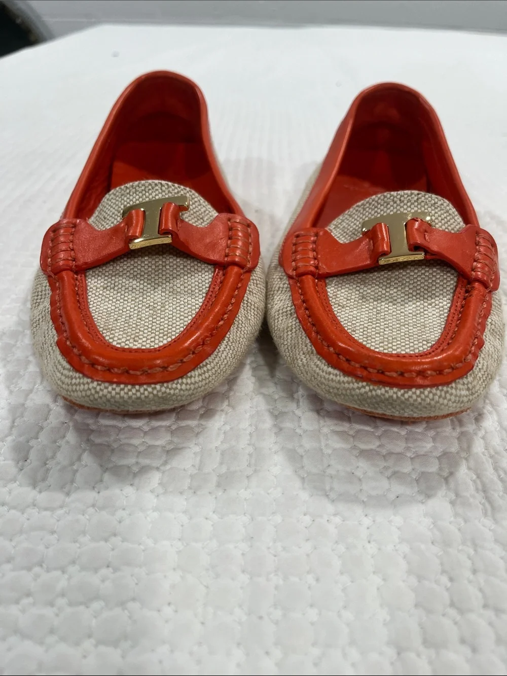 Tory‎ Burch Casey loafers featuring beige canvas with orange leather trim 7.5